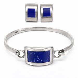 Vintage Taxco Sterling Silver Sodalite Modernist Bracelet Earring Set 925